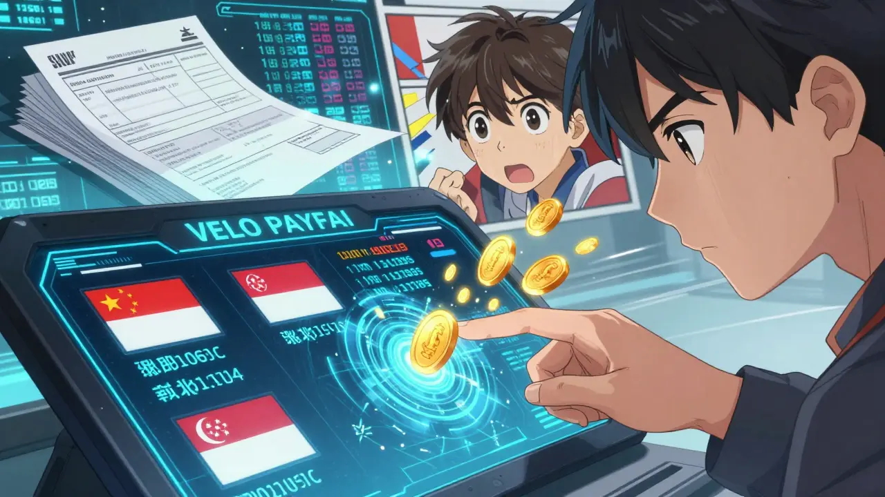 A futuristic dashboard showing AI-powered cross-border trade settlements with golden tokens and dissolving paper invoices.