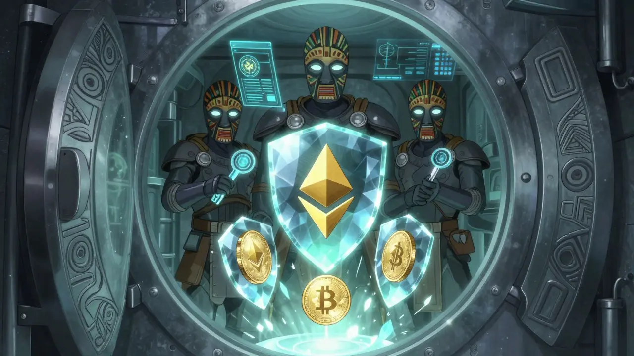 A high-security cold storage vault with glowing crypto tokens and three guardians holding encrypted key fragments, surrounded by African-inspired tech motifs.