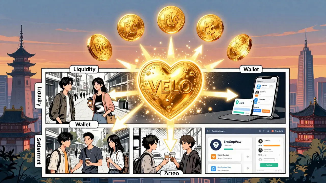 A layered manga-style diagram of Velo's ecosystem linking gold tokens, loyalty rewards, and trading platforms with a glowing VELO core.