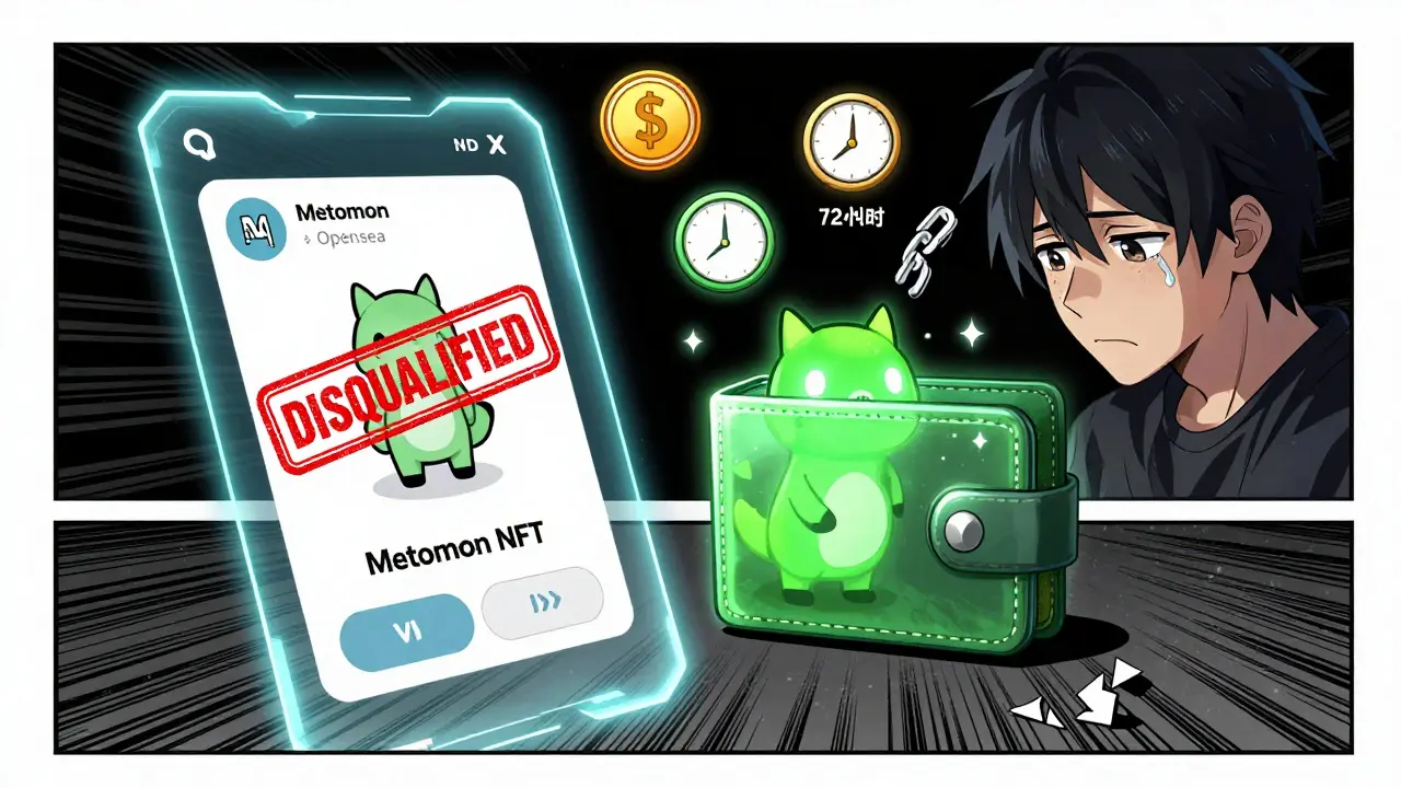 A player regrets listing their Metamon NFT on a marketplace, missing the airdrop while another qualifies.