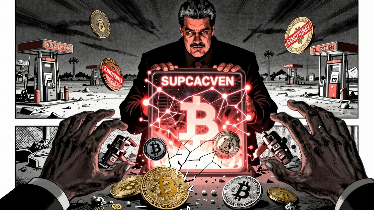 A shadowy figure overseeing a cracked blockchain ledger with sanctions sealing off Petro tokens.