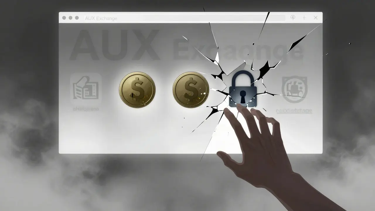 An abandoned website floats in darkness, with shattered security icons and fading coin symbols around it.