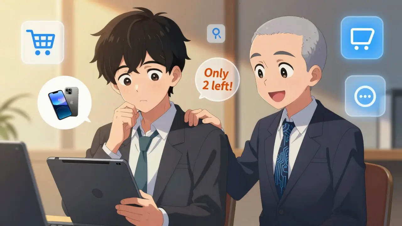 An anime-style AI assistant helping a hesitant customer with a product follow-up message.