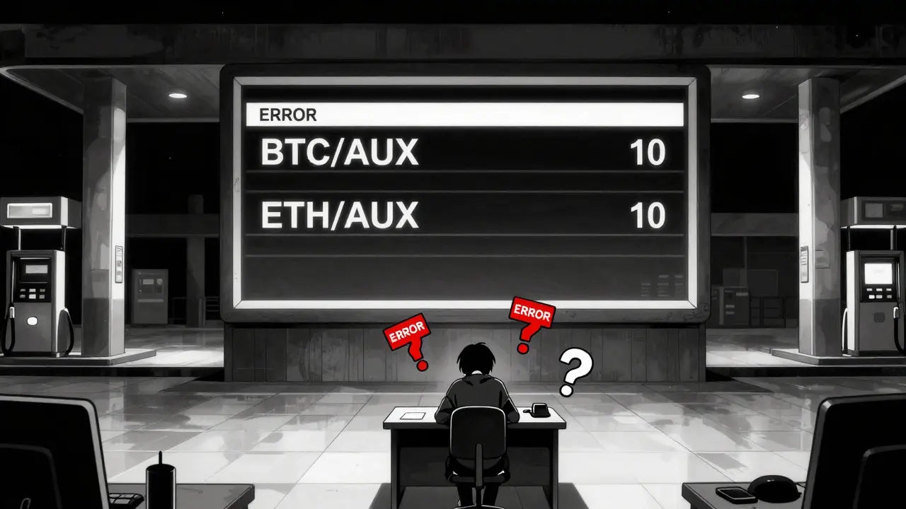 An empty trading floor shows a single order book with zero volume, a solitary user surrounded by error messages.