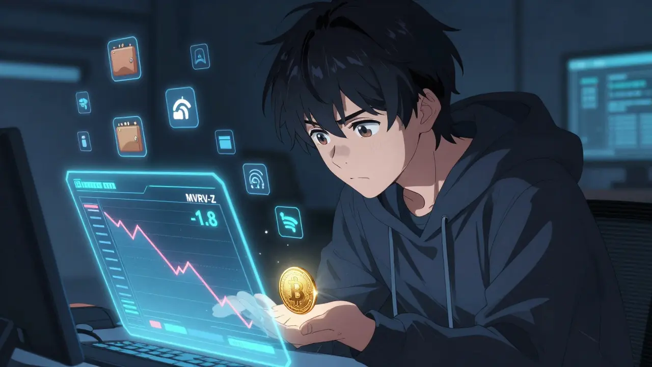 Analyst watching MVRV-Z score drop to -1.8 on holographic blockchain, one Bitcoin glowing in hand.