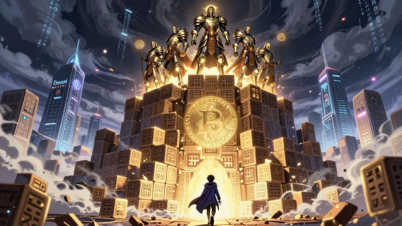 Bitcoin fortress guarded by six miner knights against digital storms.