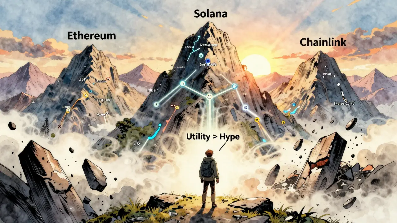 Blockchain mountains with hiker guided by utility, crumbling meme coin peaks in background.