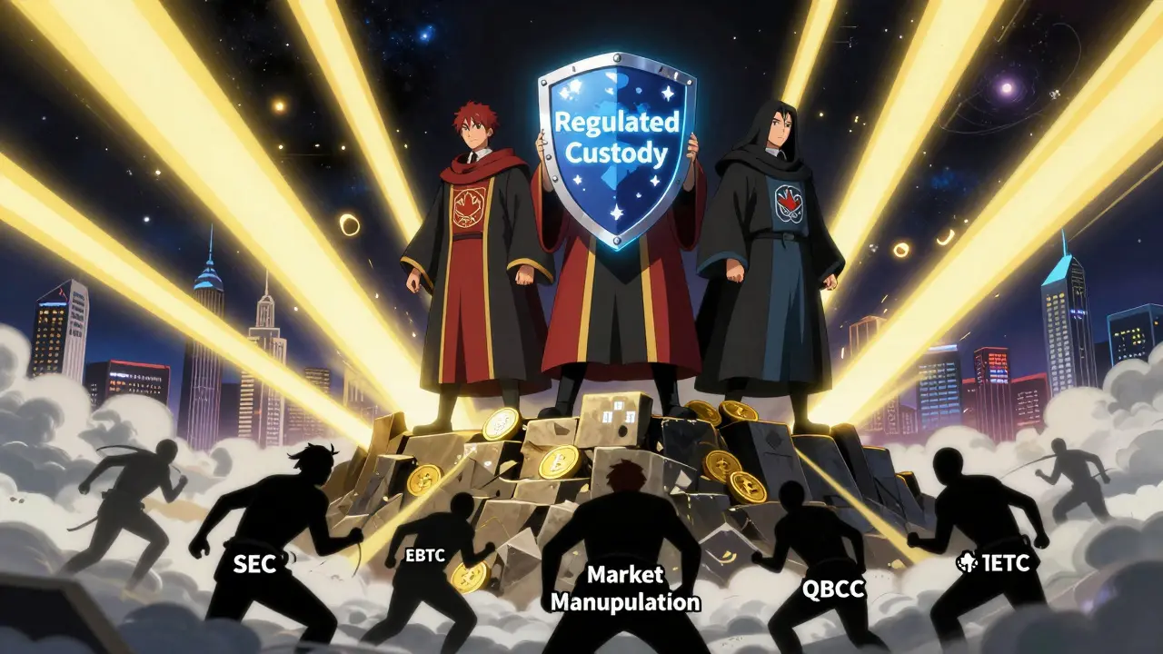 Canadian regulators stand atop blockchain blocks as ETF light beams spread globally.