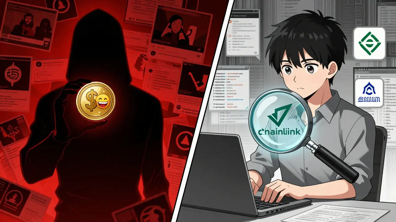 Contrast between chaotic meme coin hype and calm fundamental analysis with audit tools.