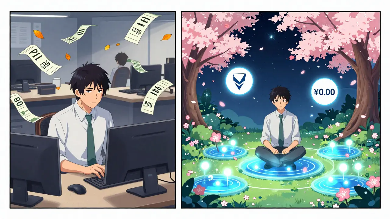 Contrasting scenes: stressed trader with high gas fees vs. calm user swapping tokens in a serene digital garden.