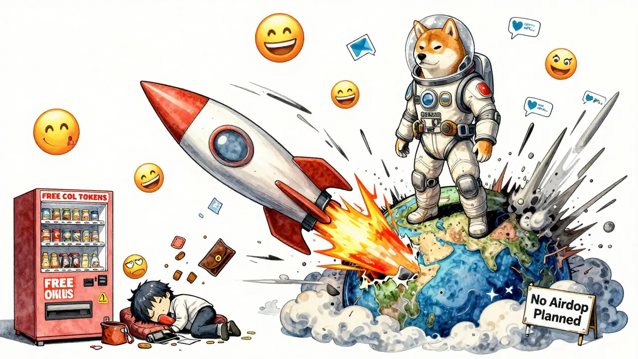 Doge on a rocket crashing into a planet of memes, with a broken 'free COL' machine below.