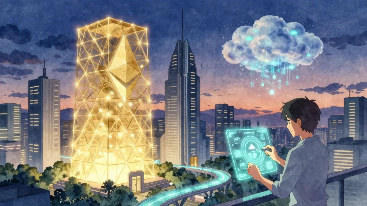 Futuristic city with modular blockchains floating together, a developer deploying a ZK-proof transaction under a twilight sky.