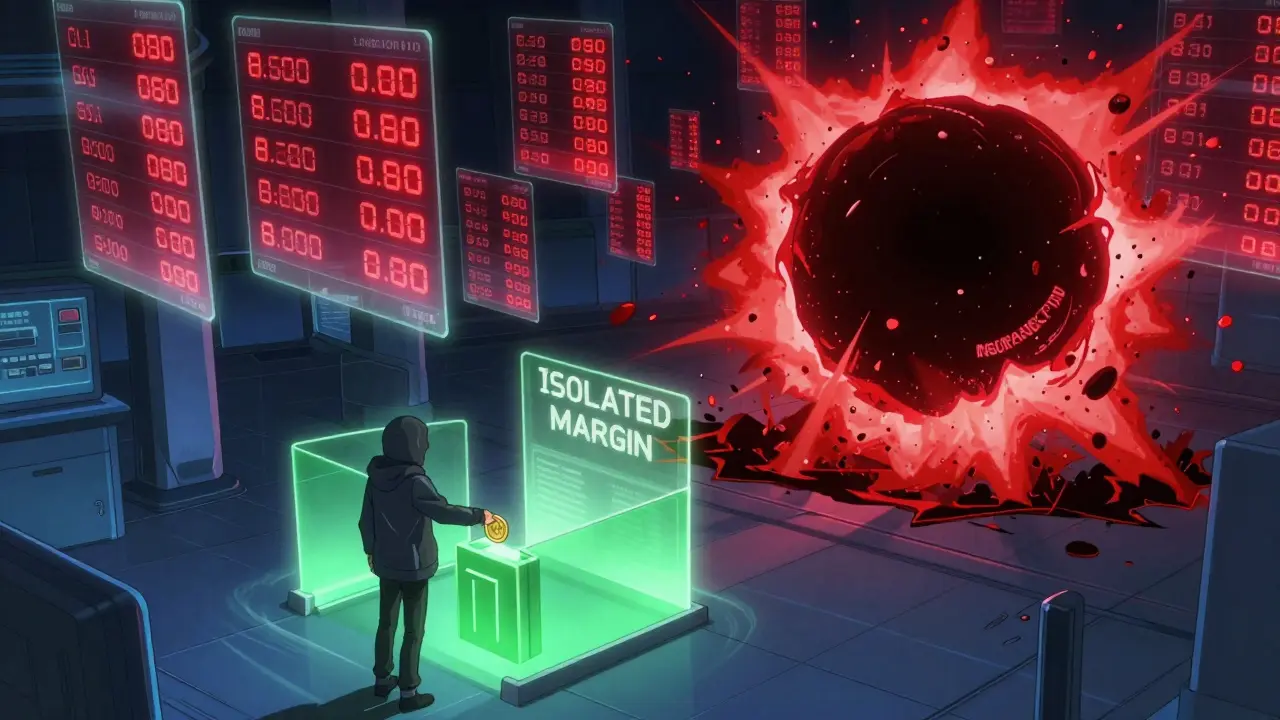Futuristic trading floor with exploding positions, one isolated margin position glowing safely in green.