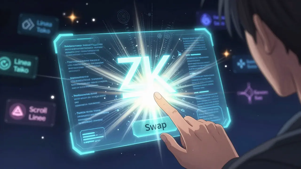 Hand clicking 'Swap' button as a glowing ZK rune forms from transaction proofs, with other blockchains glowing in the distance.
