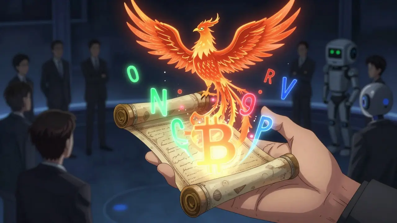 Hand holding a blockchain scroll with floating MVRV, NUPL, and SOPR numbers as glowing spirits.