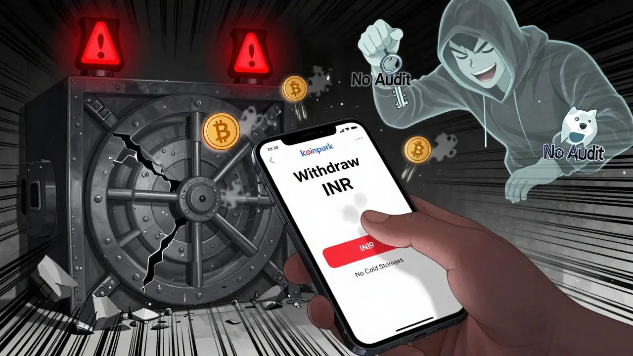 Hand pressing withdraw button as crypto icons turn to ash, a crumbling vault behind with hacker silhouette.