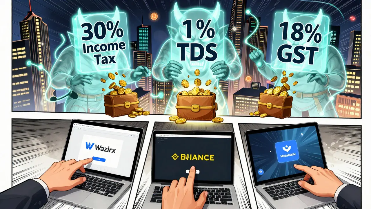 Hands trading on multiple crypto platforms while three tax demons drain coins, set against a blockchain-lit Indian cityscape.