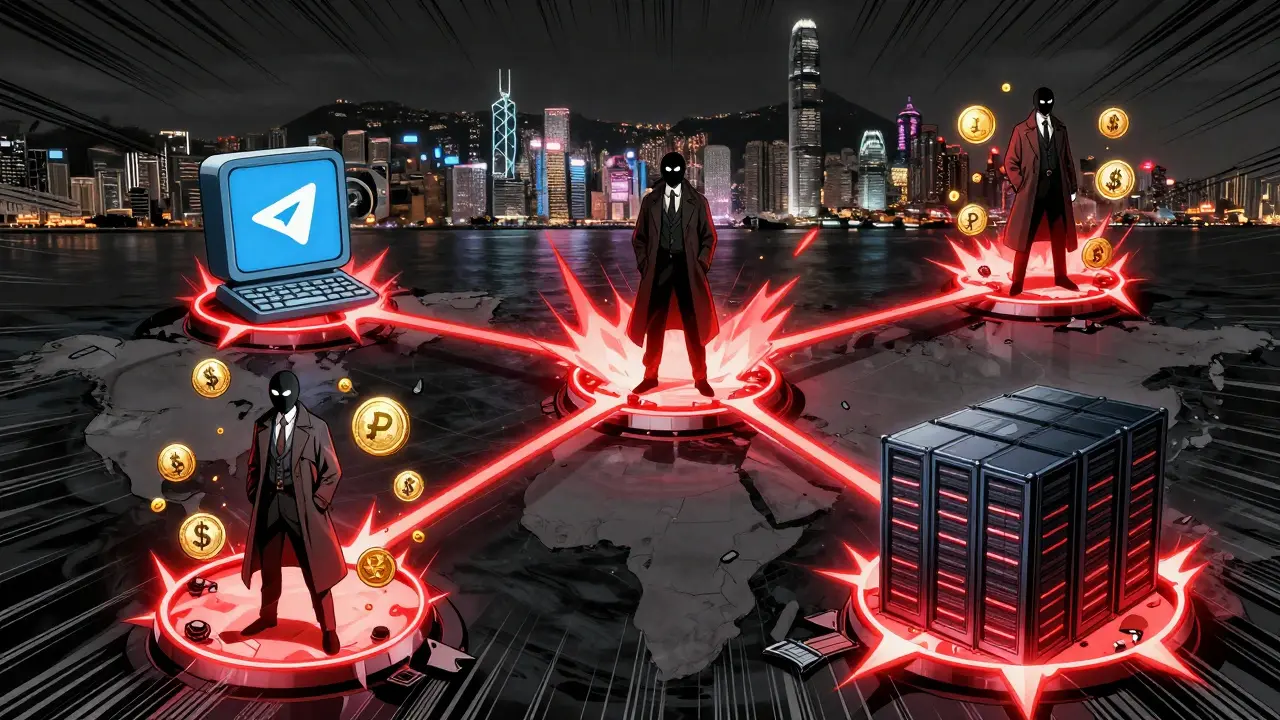 Hidden global crypto nodes connected by glowing data streams, each represented by masked figures in trench coats.