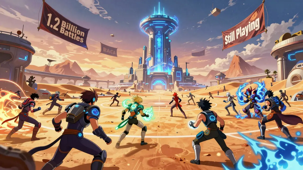 Players battle in the United States of Mars metaverse, their Metamons boosted by Potion NFTs under a glowing blockchain tower.