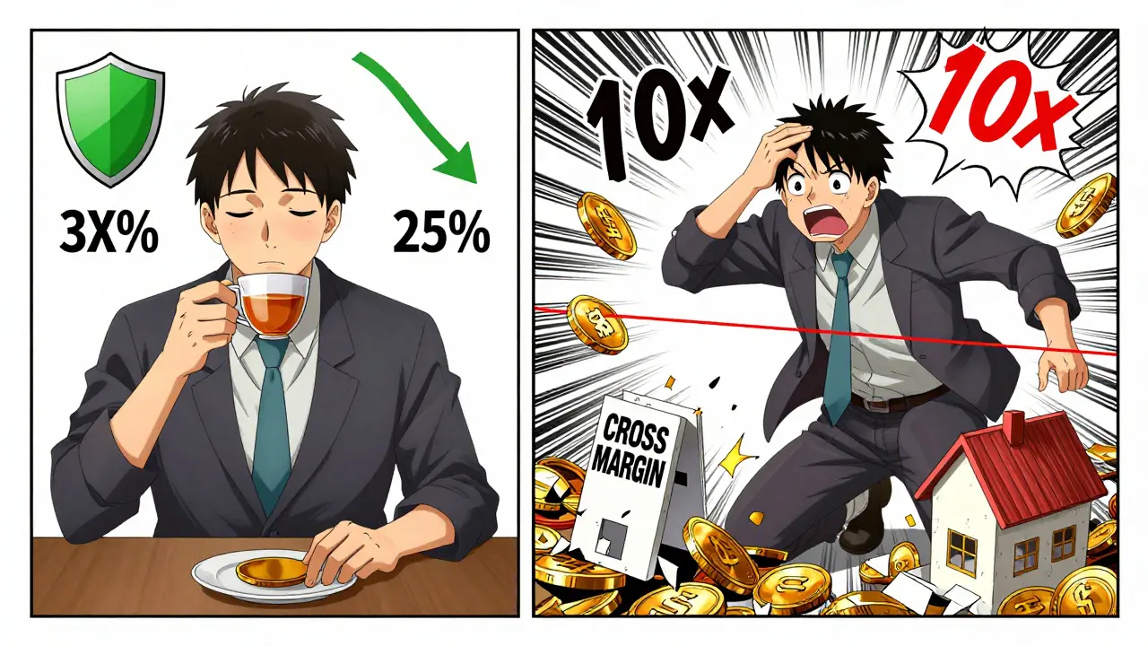 Split manga panel: calm trader with safe leverage vs. panicked trader with cross-margin collapse.