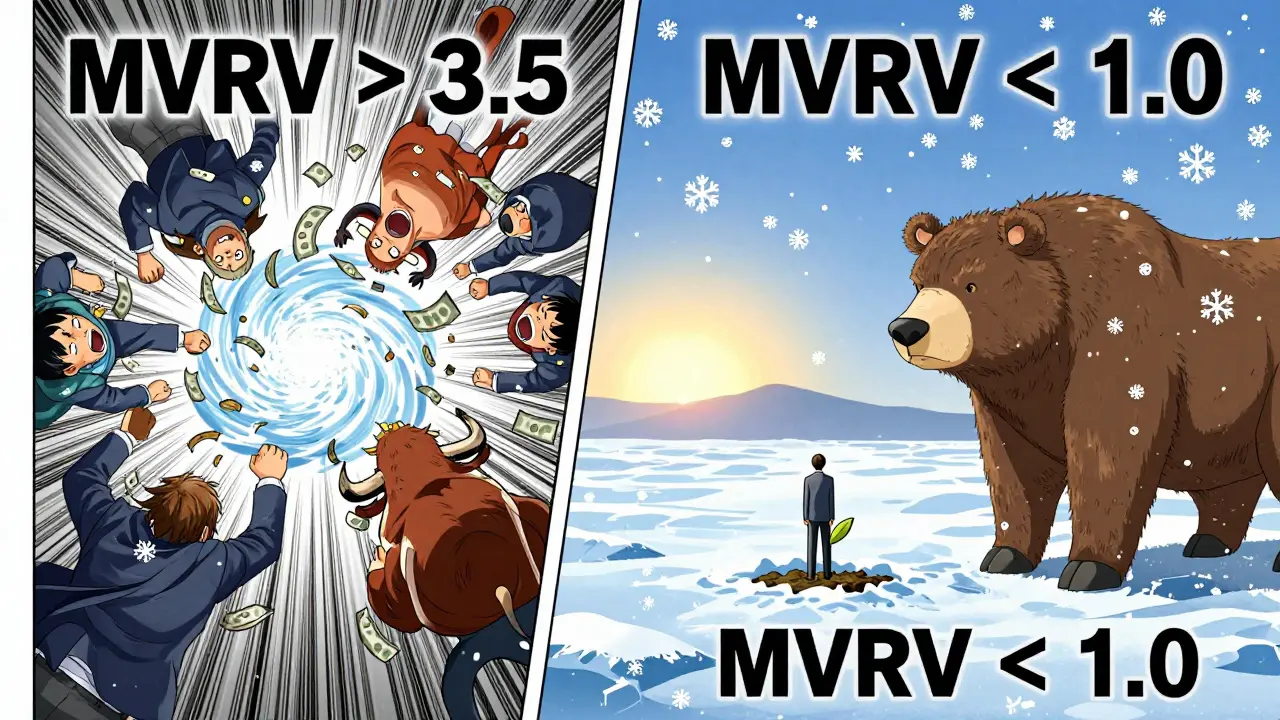 Split manga panel: chaotic bull market on left, quiet bear market with Bitcoin seed on right.