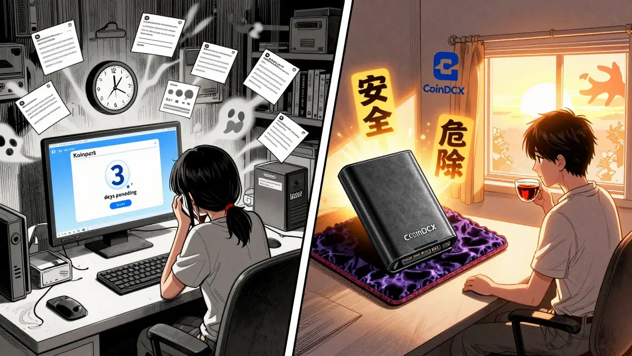 Split manga panel: chaotic Koinpark desk vs. calm safe crypto setup with hardware wallet.
