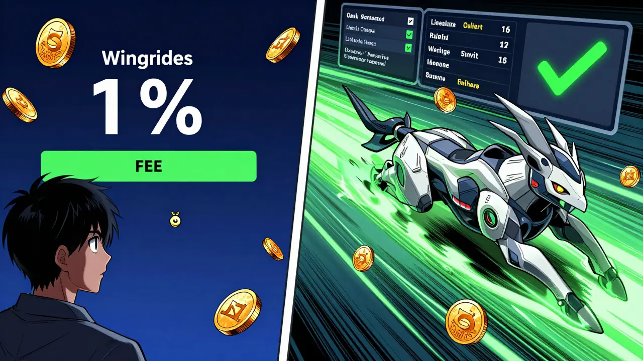 Split manga panel: frustrated user with slow SundaeSwap swap vs smooth WingRiders transaction.