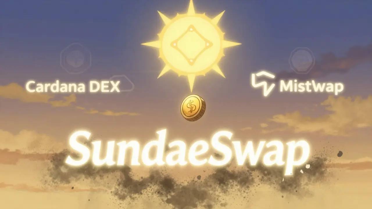 SundaeSwap logo fading into ash as new Cardano DEXs rise under a blockchain-shaped sun.