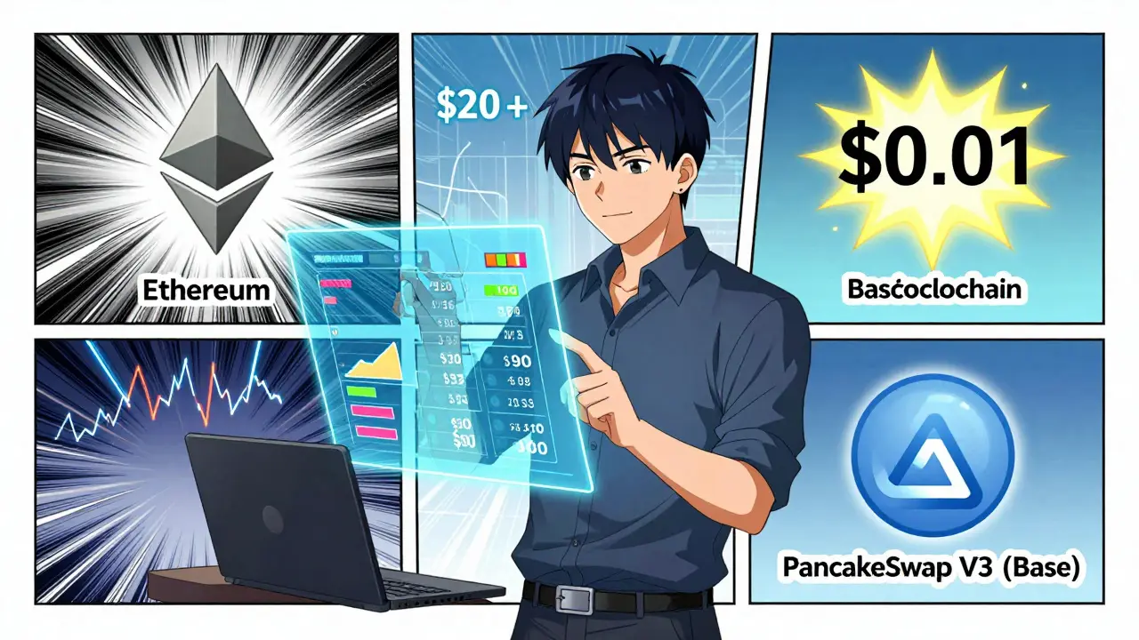 Trader adjusting holographic price range, contrasting high Ethereum fees with low Base blockchain costs.