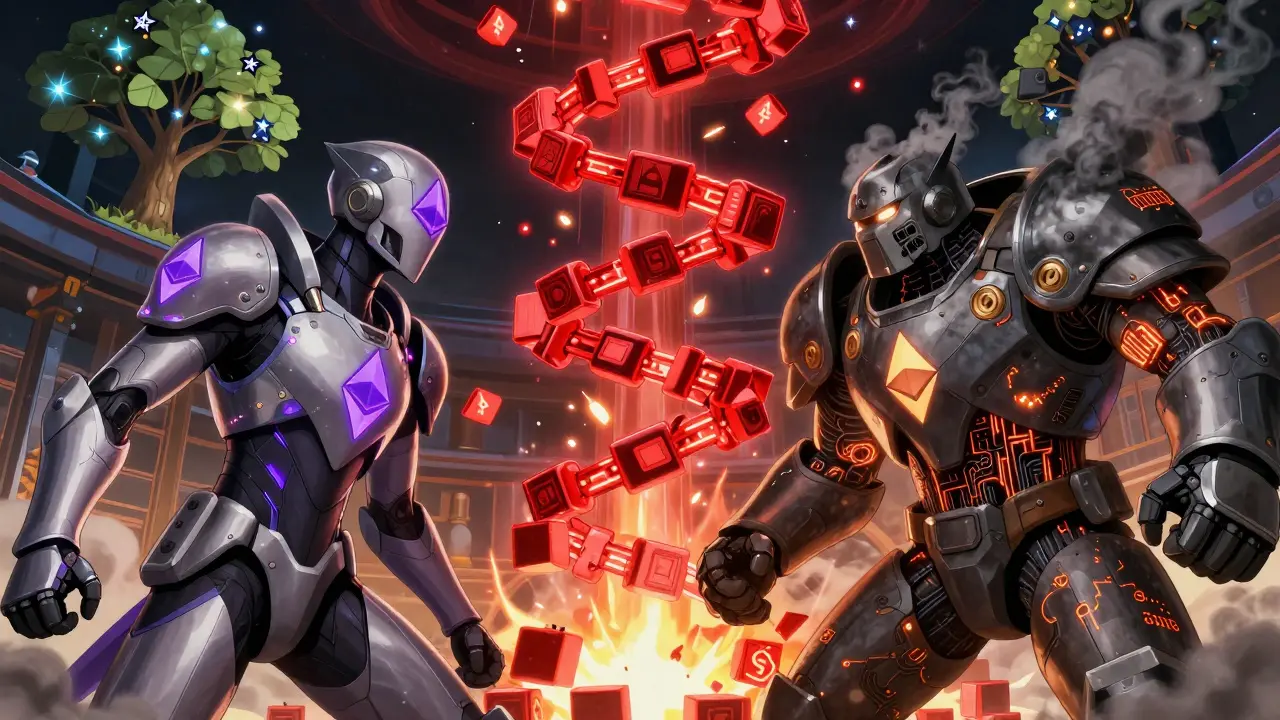 Two validators battling over a blockchain block, one in PoW armor, the other in PoS armor, with cryptographic hashes sparking.