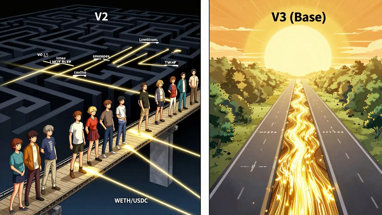 Users walking from chaotic V2 maze to radiant V3 (Base) highway with glowing trading routes.
