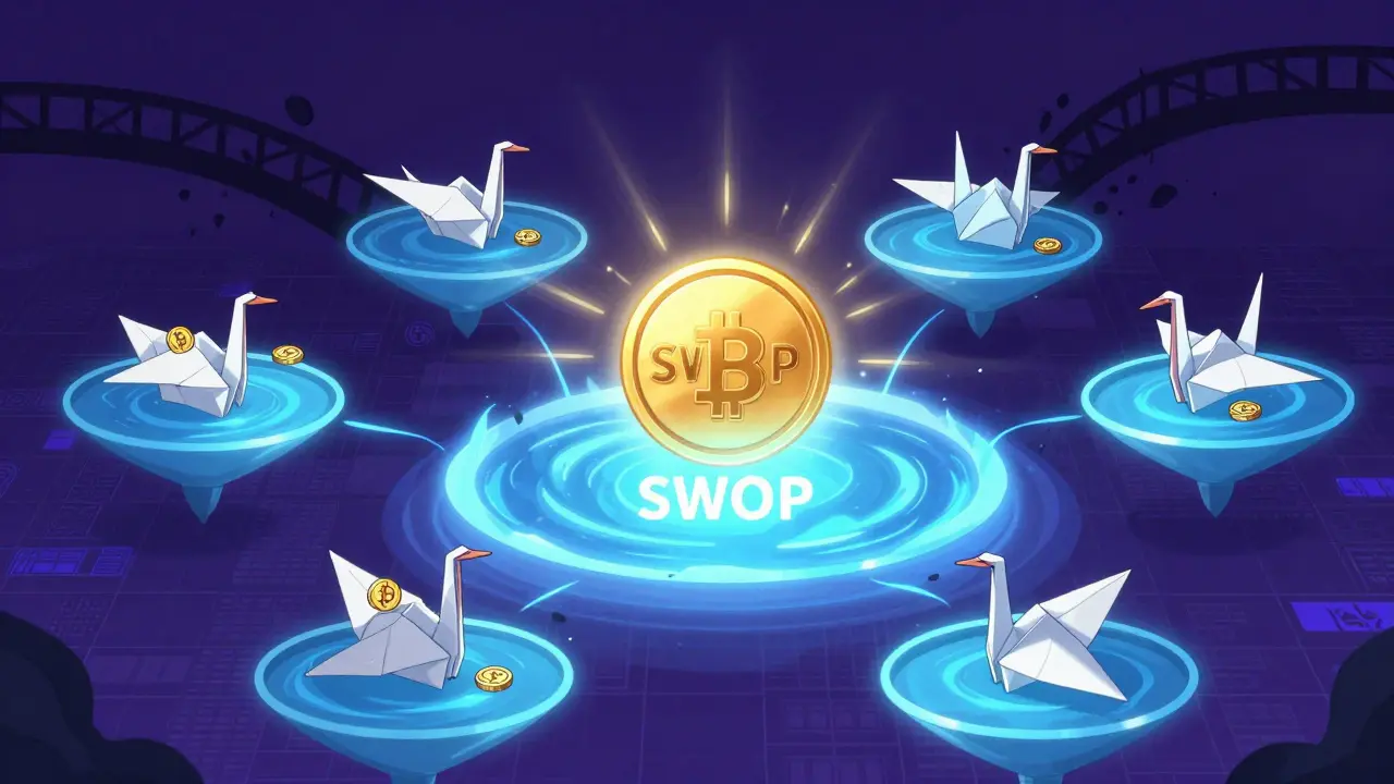 Waves blockchain node with liquidity pools as origami cranes and SWOP token rewards glowing.