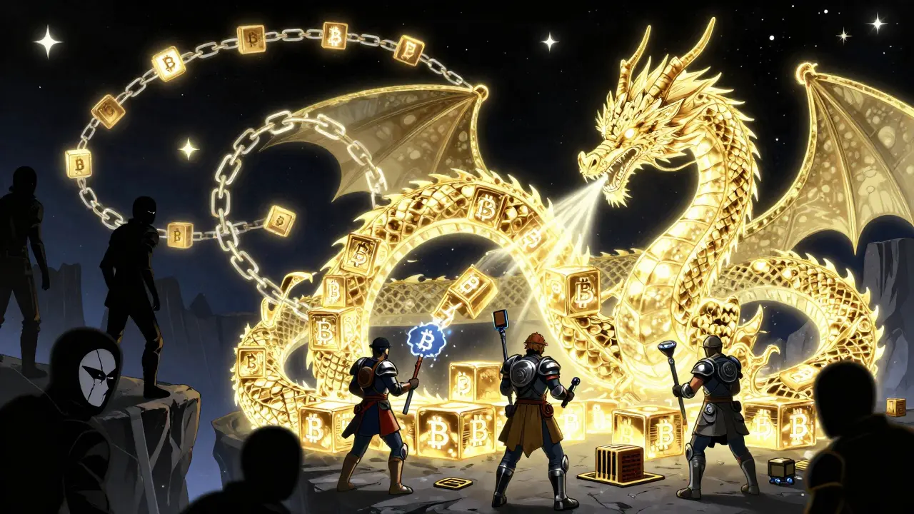 A blockchain dragon guards Bitcoin's network as miners stand firm against shadowy attackers, surrounded by 2,015-block symbols.