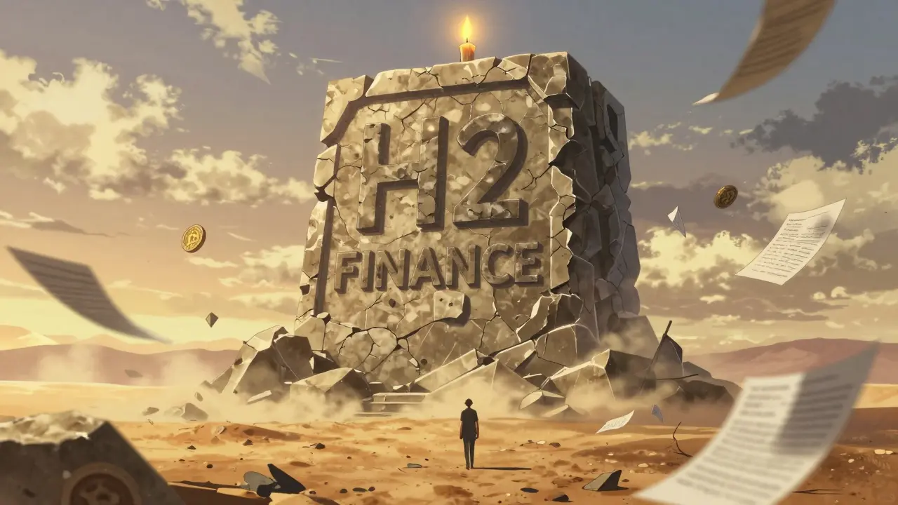 A crumbling monument labeled 'H2 FINANCE' in a desert of forgotten crypto tokens, with a lone figure walking away.