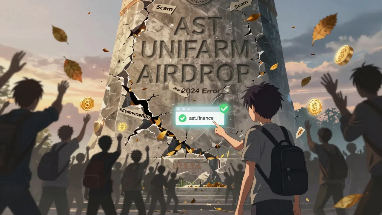 A crumbling monument to a fake airdrop as a developer points to the official AST.finance site.