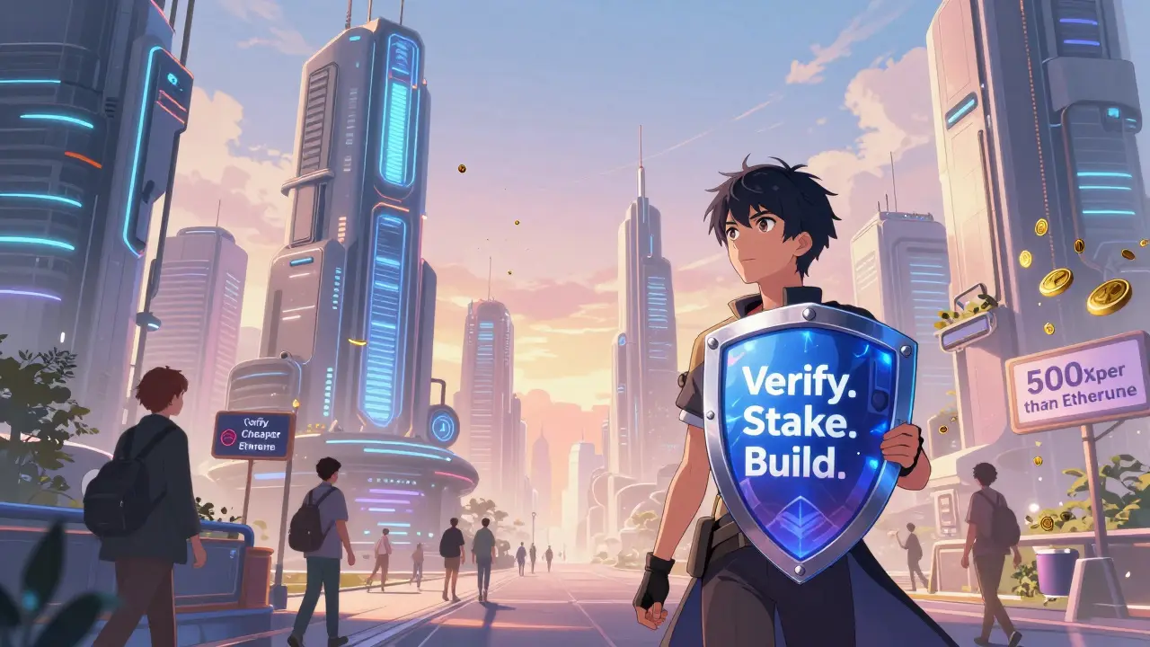 A cyberpunk cityscape where Metis blockchain reduces gas fees to dust under a sunrise.