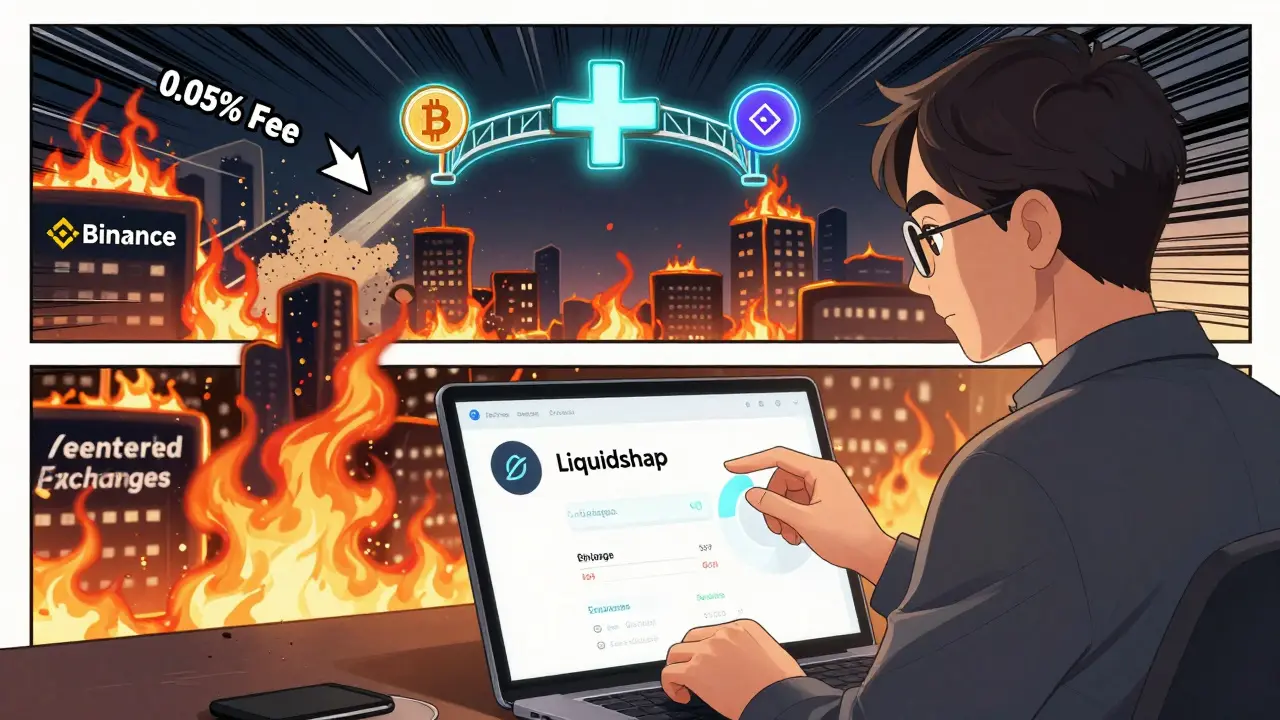 A DeFi expert adjusting slippage on Liquidswap while centralized exchanges burn in the background, with cross-chain bridges glowing above.