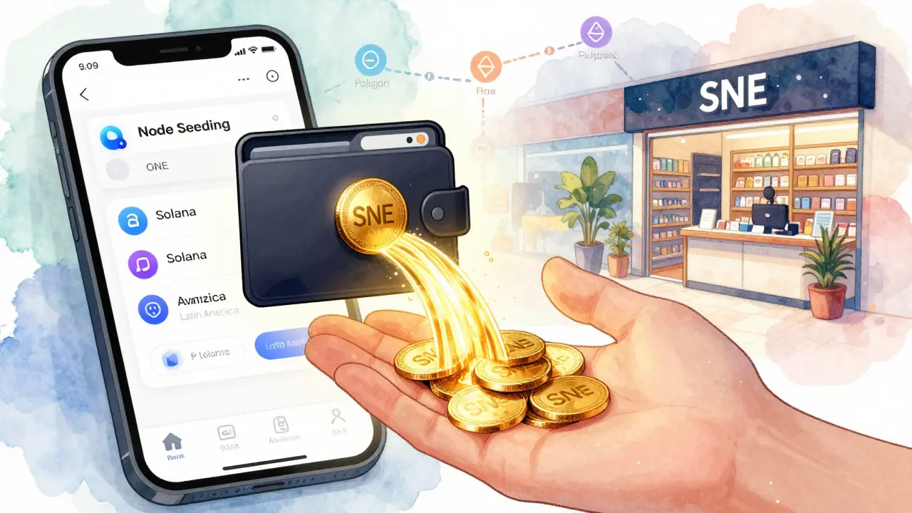 A hand receiving SNE tokens from a projected wallet, with retail and node apps visible in the background.