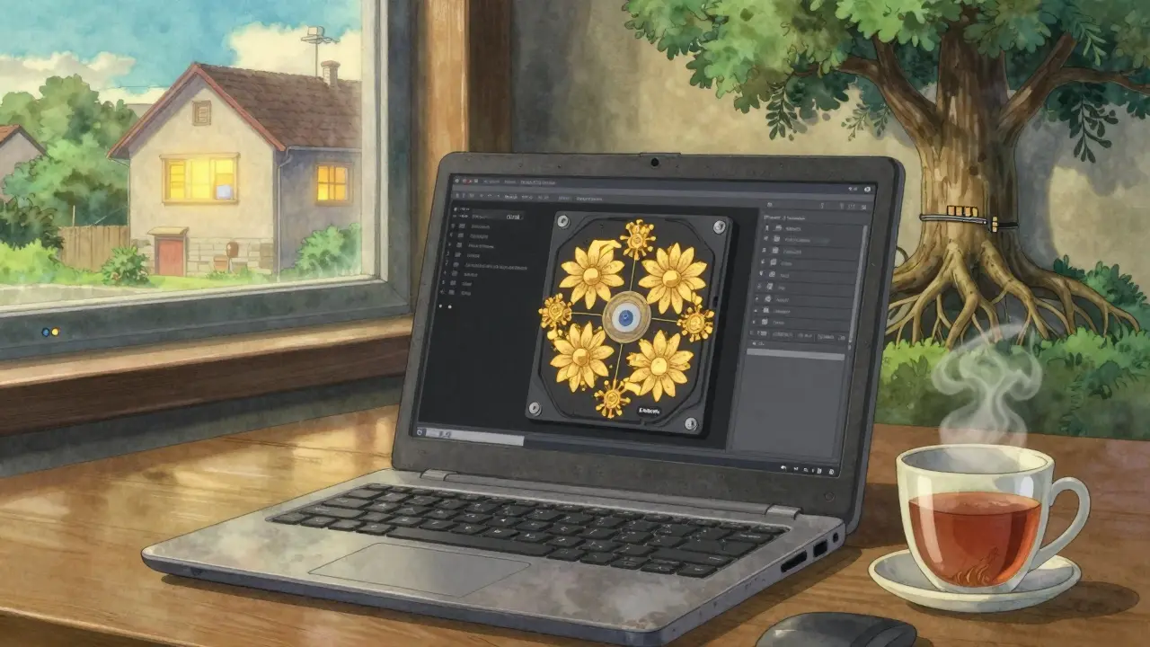 A laptop displaying Chia plotting with golden digital plots blooming like flowers, peaceful home scene outside the window.