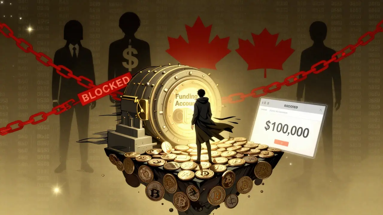 A lone figure reaching for a funding vault while blocked countries loom behind, surrounded by crypto coins and demo account screen.