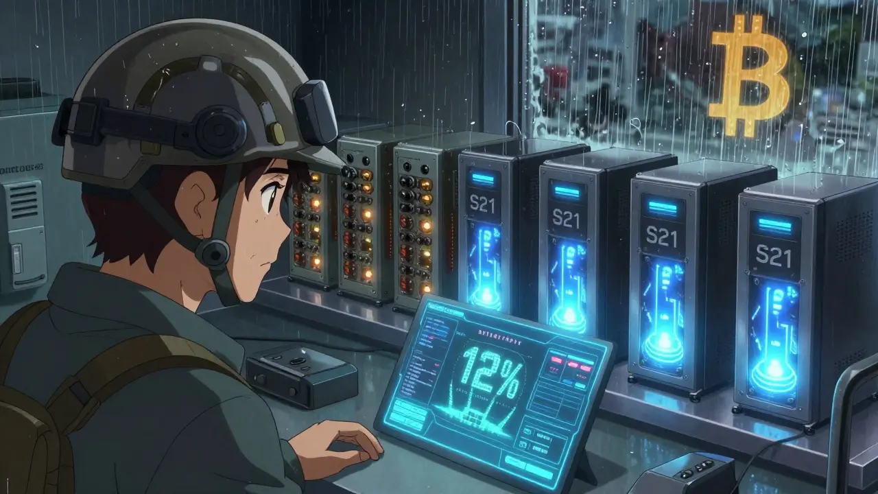 A miner watches a holographic 12% difficulty spike as old rigs shut down and new ones power on with neon energy.