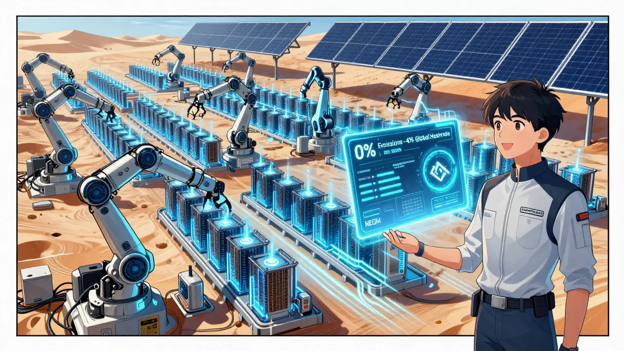 A renewable-powered crypto mining farm in NEOM glows under solar panels, symbolizing sustainable tech innovation.