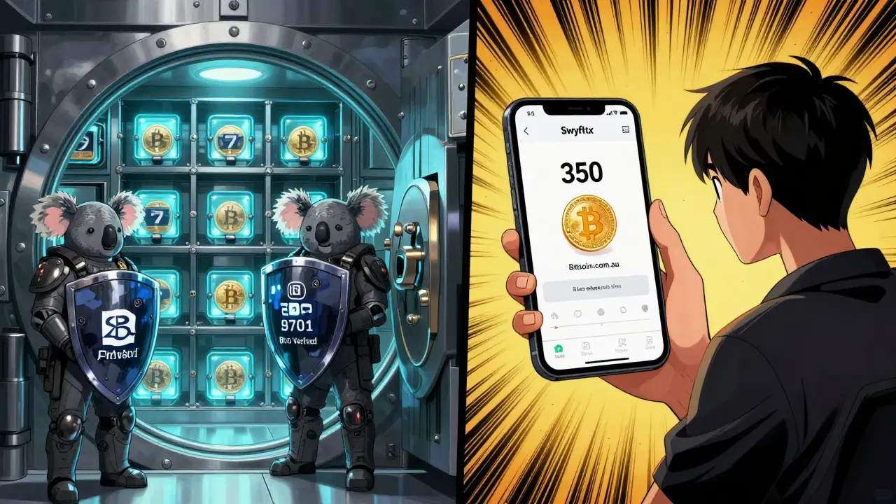 A secure crypto vault guarded by Australian-themed protectors beside a cluttered trading app, highlighting simplicity vs complexity.