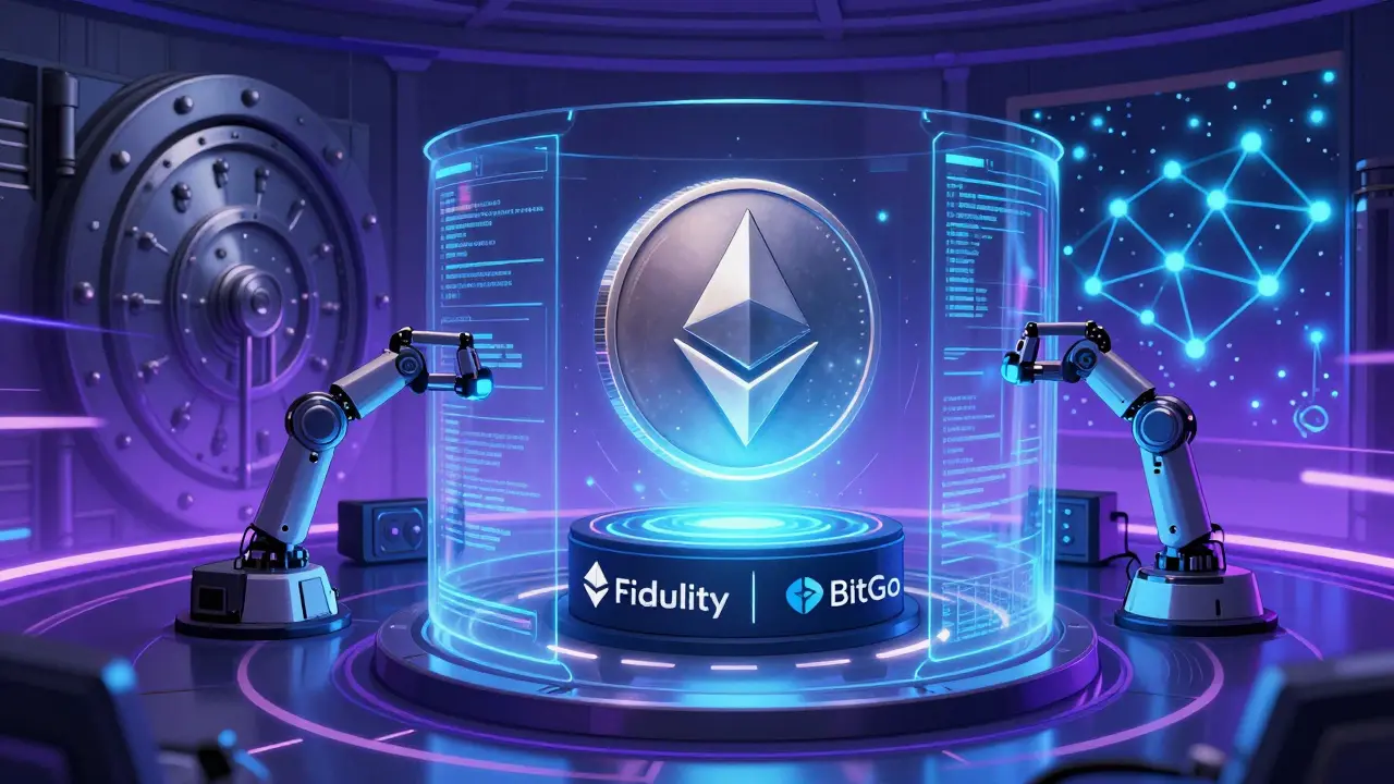 A secure crypto vault with holographic audits and Ethereum token, surrounded by fading traditional banks and glowing blockchain nodes.