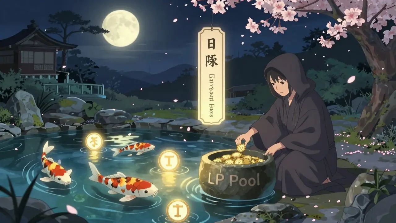 A serene liquidity pool garden with token koi fish and a user adding assets, under moonlight and falling sakura petals.