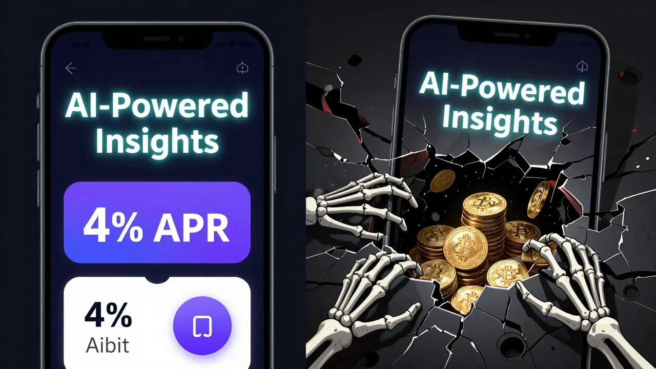 A shiny Aibit app interface cracks open to reveal a black hole swallowing crypto coins, symbolizing hidden risks.