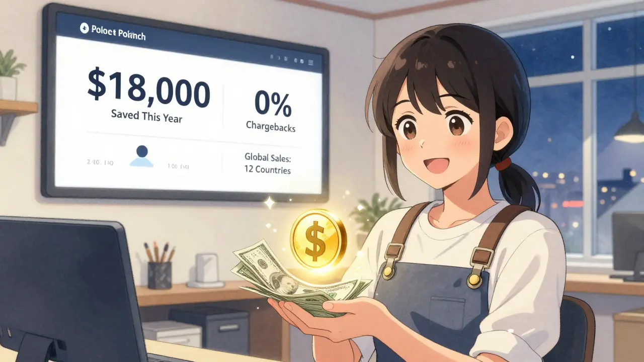 A small business owner in Poland watches USDC convert to dollars on a digital dashboard, with global sales stats glowing behind them.