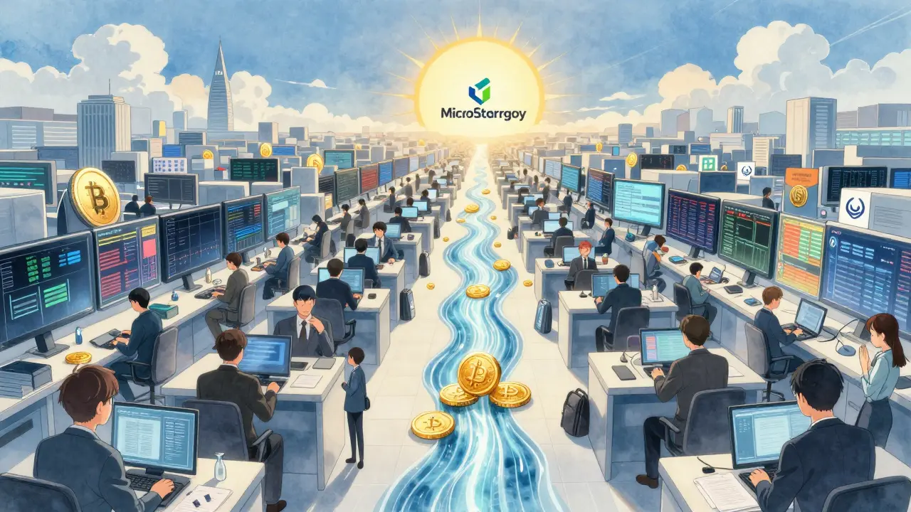 A transformed financial landscape shifts from chaos to calm, with tokenized assets flowing as light rivers connecting global markets.