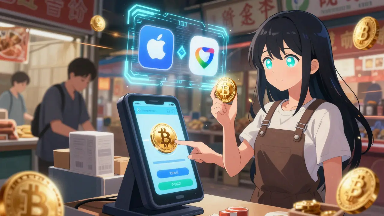 A vendor in Vietnam completes a crypto payment on their phone, with USDC coin glowing beside them as digital payment icons spin in the air.