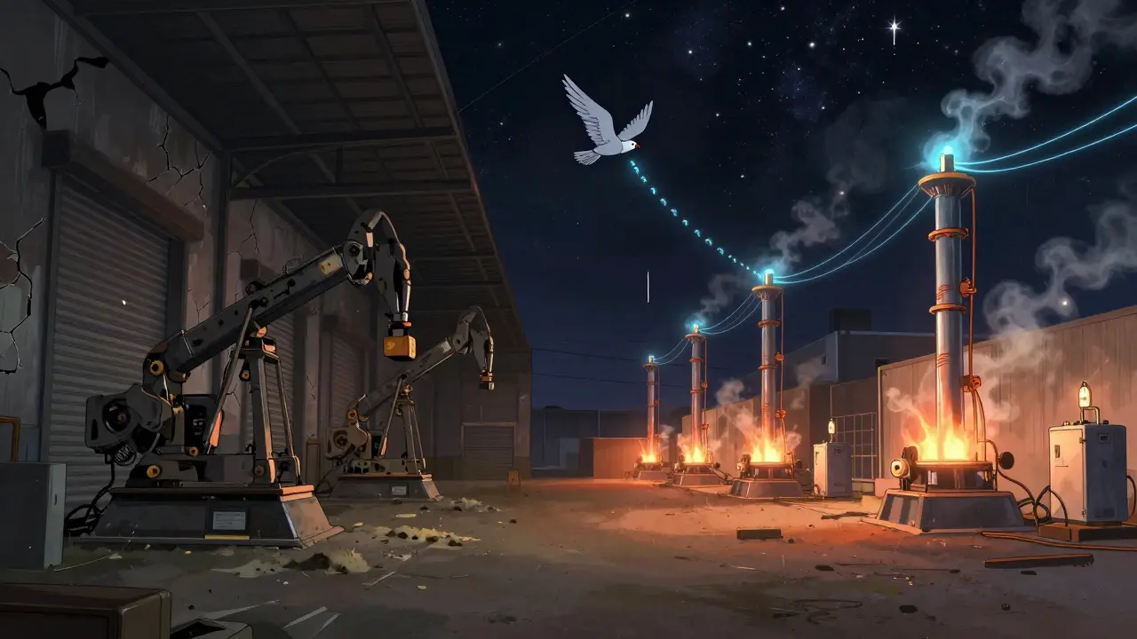 Abandoned mining rigs in China contrasted with active ones in Kazakhstan, connected by floating binary code.